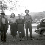 Edwin Ekburg (rt.) with his father Charlie, sister Evelyn and mom Beda at 3rd ave., Durango Colorado. Circa 1945.