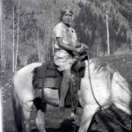 Evelyn Ekburg horseback at La Plata City school house, Colorado. Circa 1930